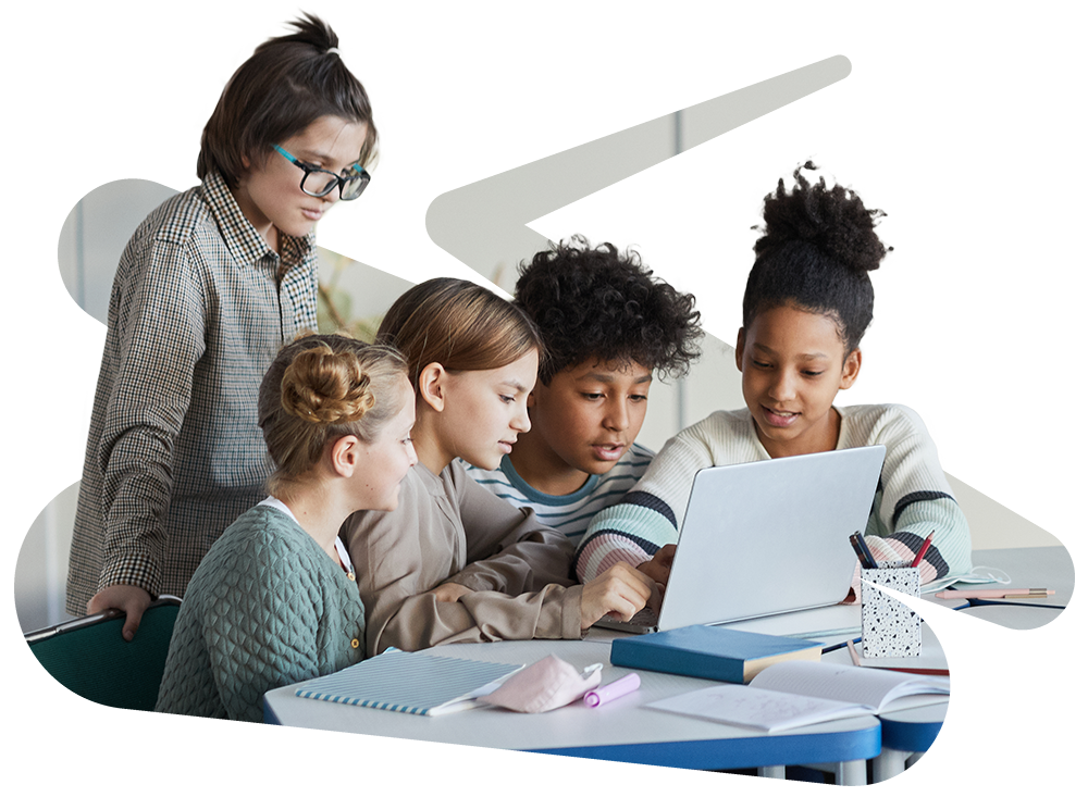Five Middle School Students gathered around a laptop