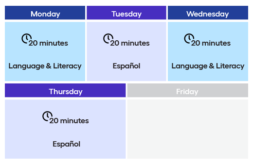 A calendar showing time spent on Imagine Language & Literacy and Imagine Español